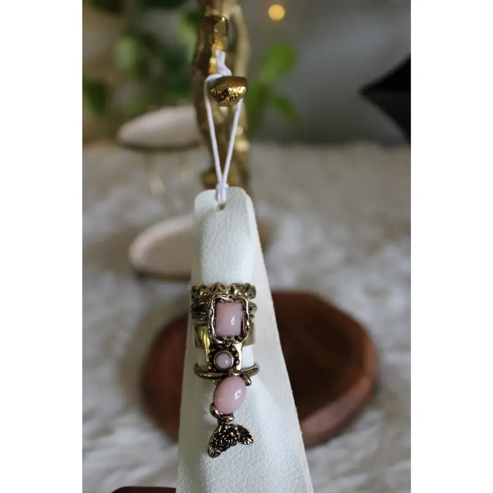 Free People Pink Stone Antique Gold Stackable Ring Set Size 7.5